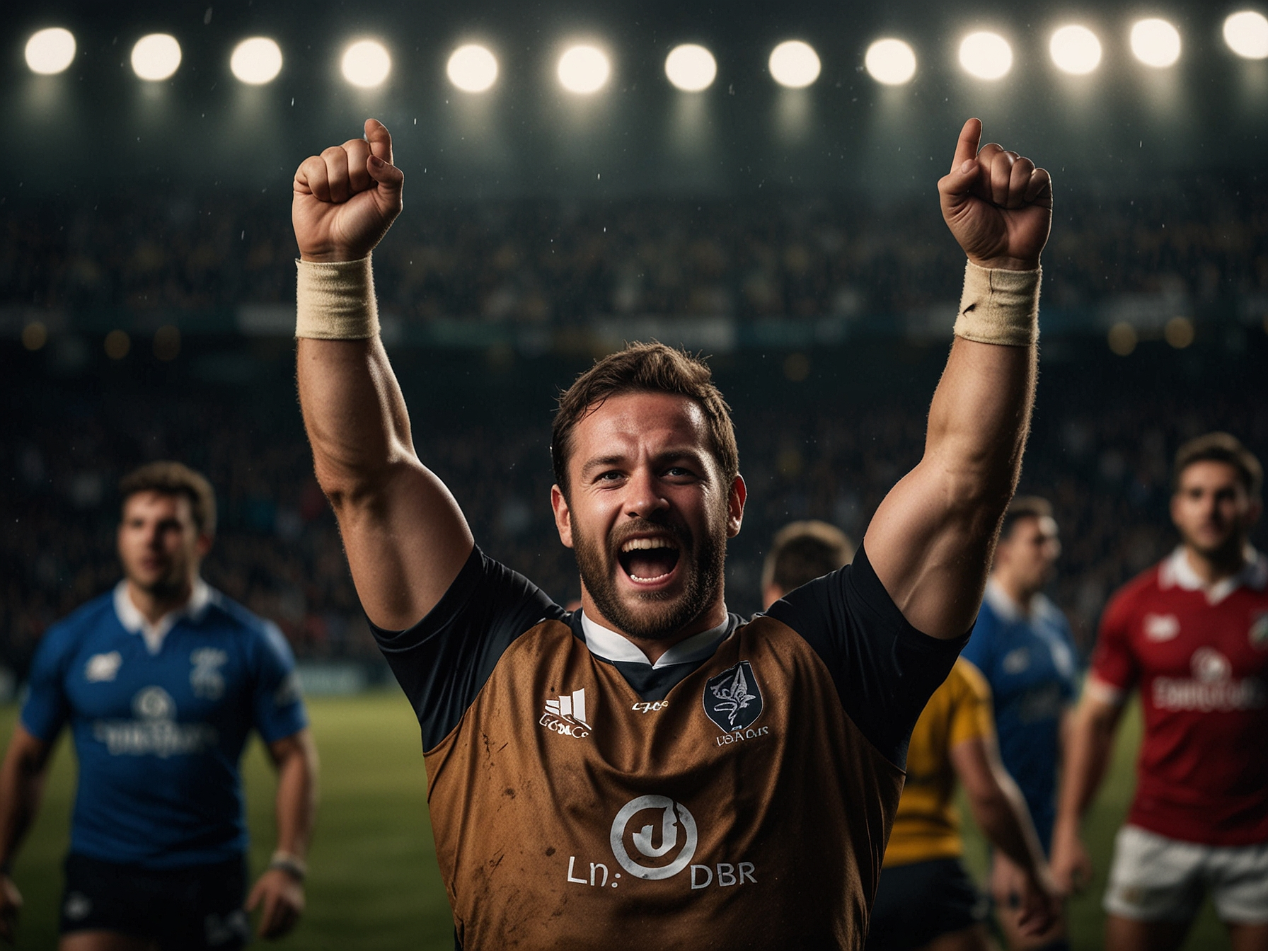 Rugby player celebrating on the field